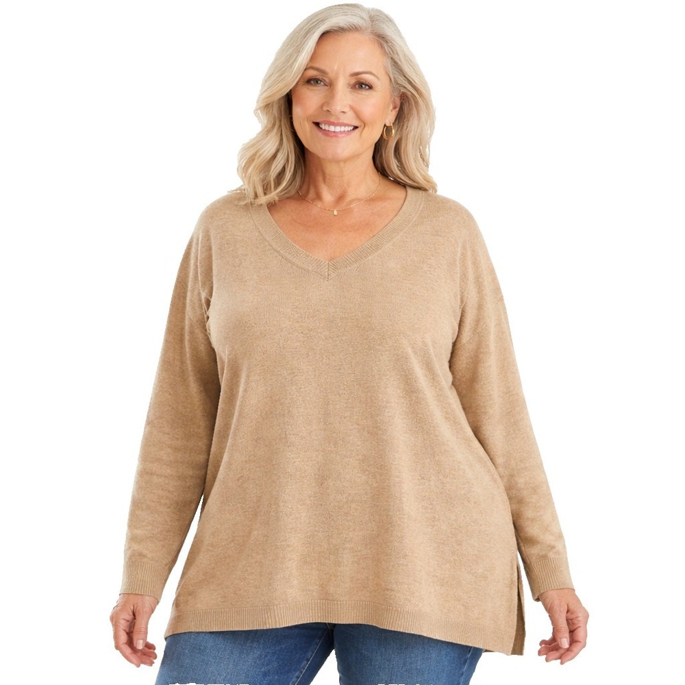 Talbots Plus Heather Deep Vneck Sweater Womens 2X Heather Light Brown Soft Comfy
